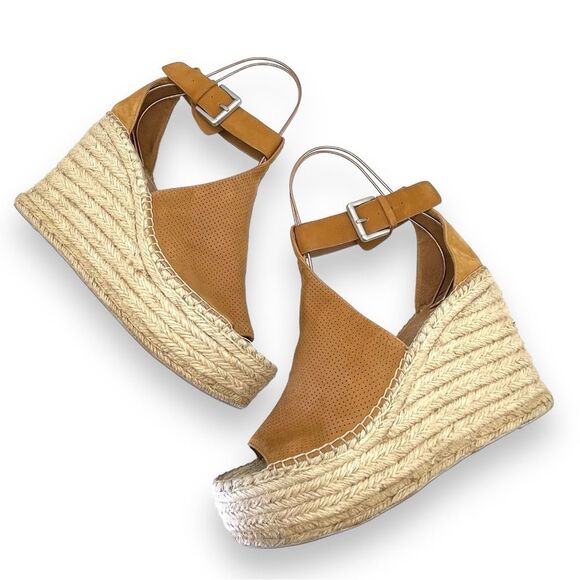 Marc Fisher Annie Perforated Espadrille Platform Wedge Medium Tan Suede Size 11 - Picture 2 of 16